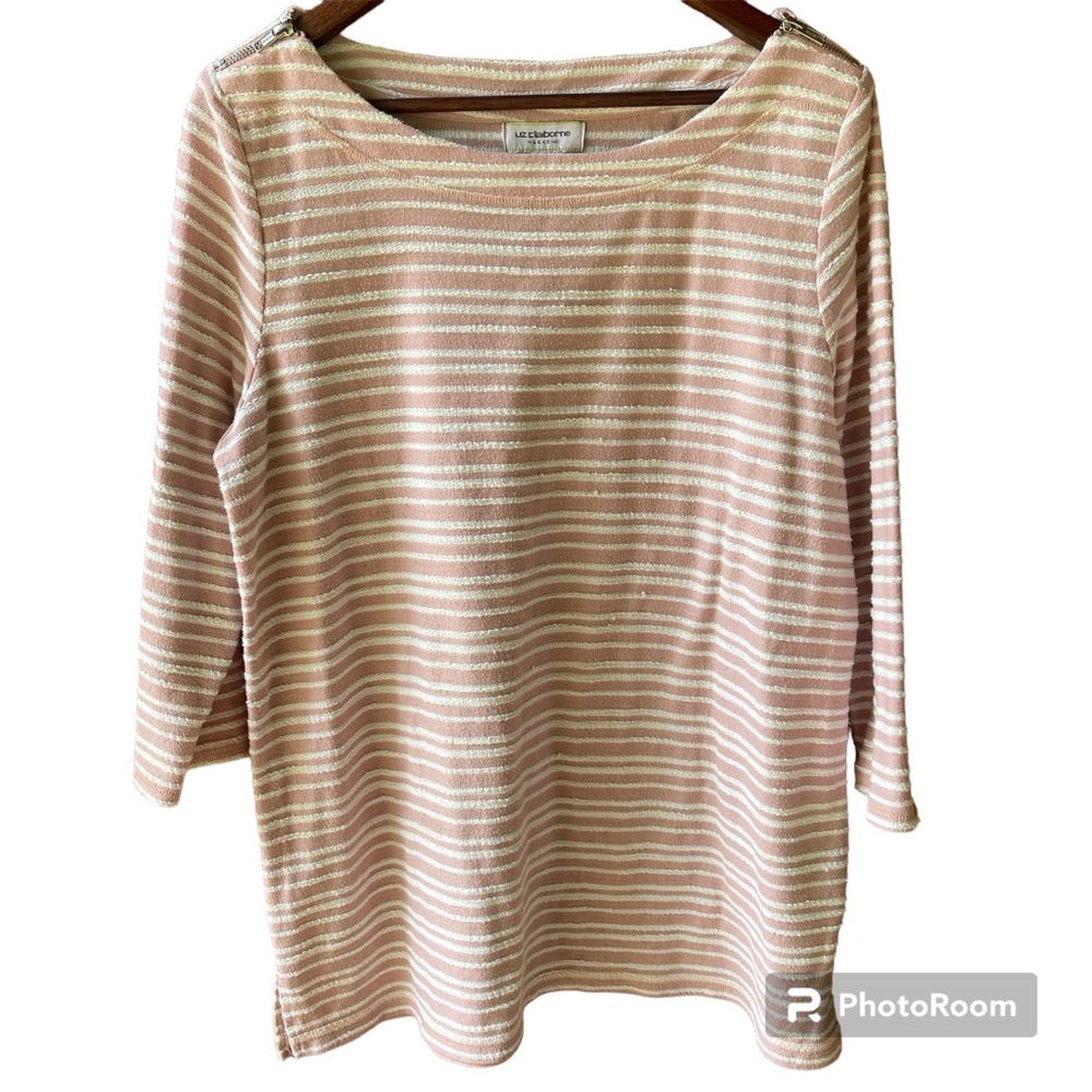 Liz Claiborne Women's Top, Pink/White Striped, Size XL, Textured, Zipper Accents
